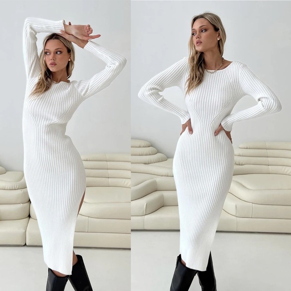 Princess Polly Nicky White Long Sleeve Ribbed Knit Side Slit Midi Sweater Dress - Picture 2 of 10